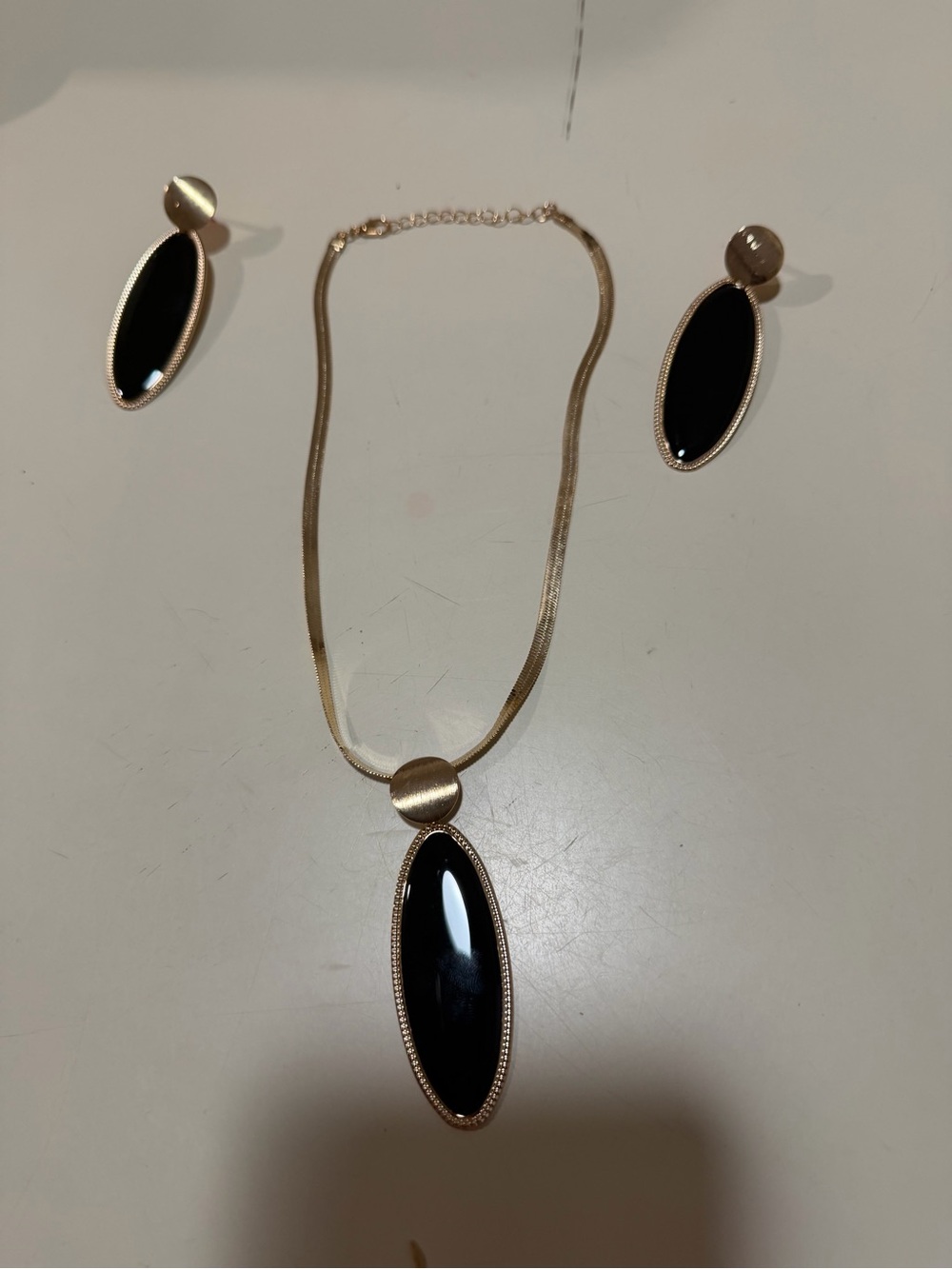 Gold-Tone Black Oval Pendant Necklace with Matching Earrings - Women Jewelry